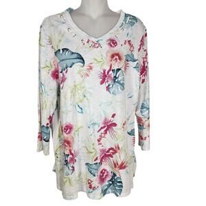Chico's Tee Womens Size 1 Medium Floral Jungle Games Farren 3/4 Sleeve Grommets